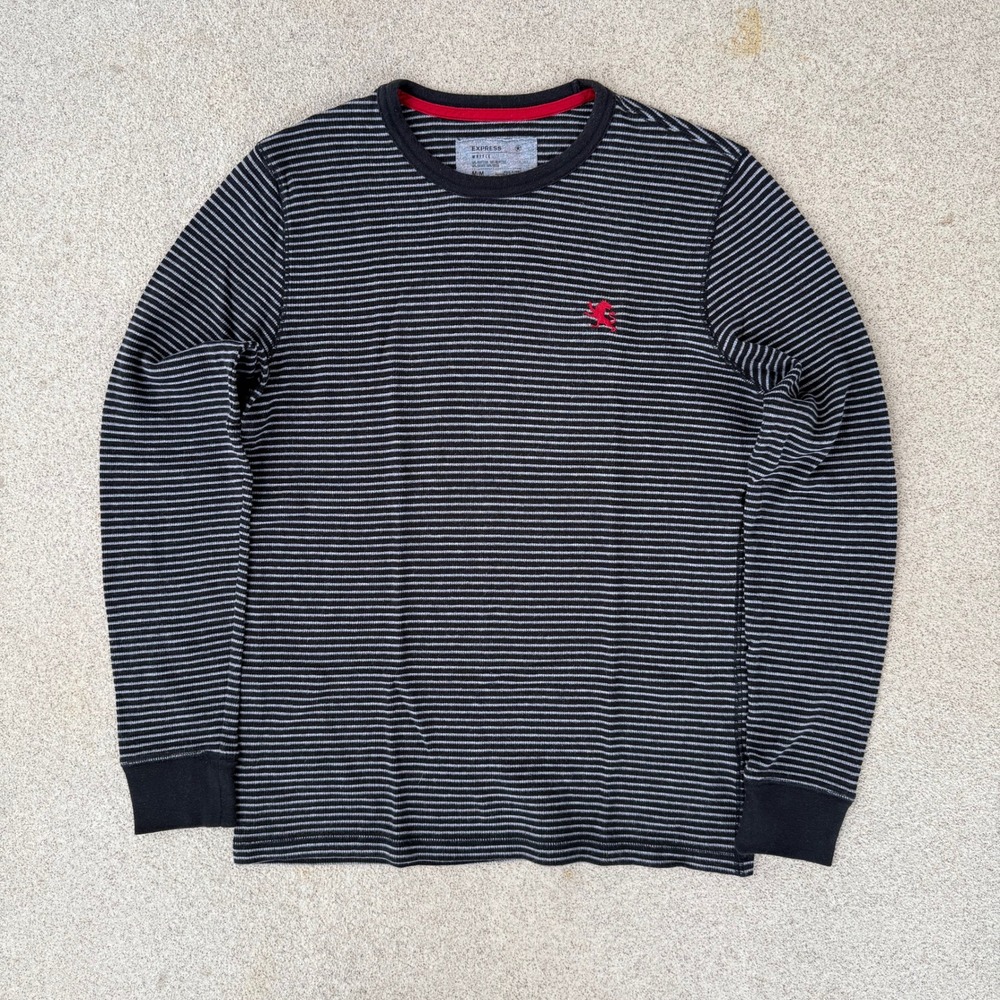 Express Waffle Knit Mens Medium Long Sleeve Shirt - Black Striped Patterm